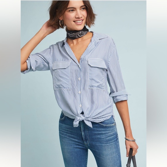 Anthropologie Maeve Blue Sadie Striped Button-Up Top Small Petite - Picture 1 of 10